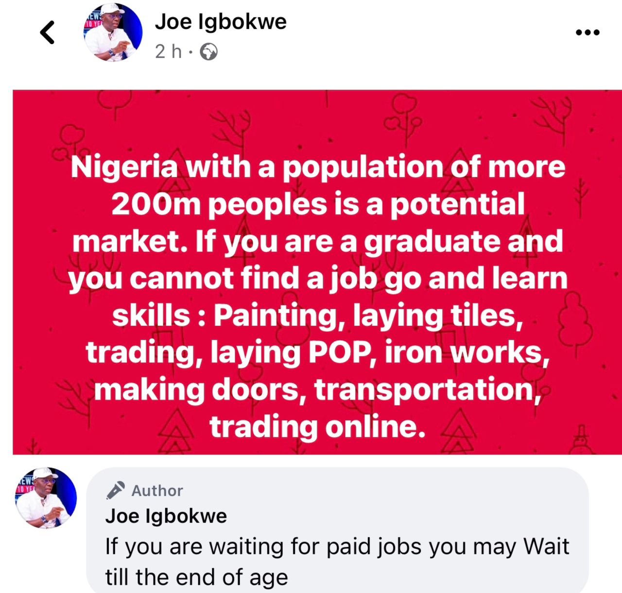 If you are a graduate and cannot find a job, go and learn skills like painting, laying ties, laying irons and others- APC chieftain Joe Igbokwe